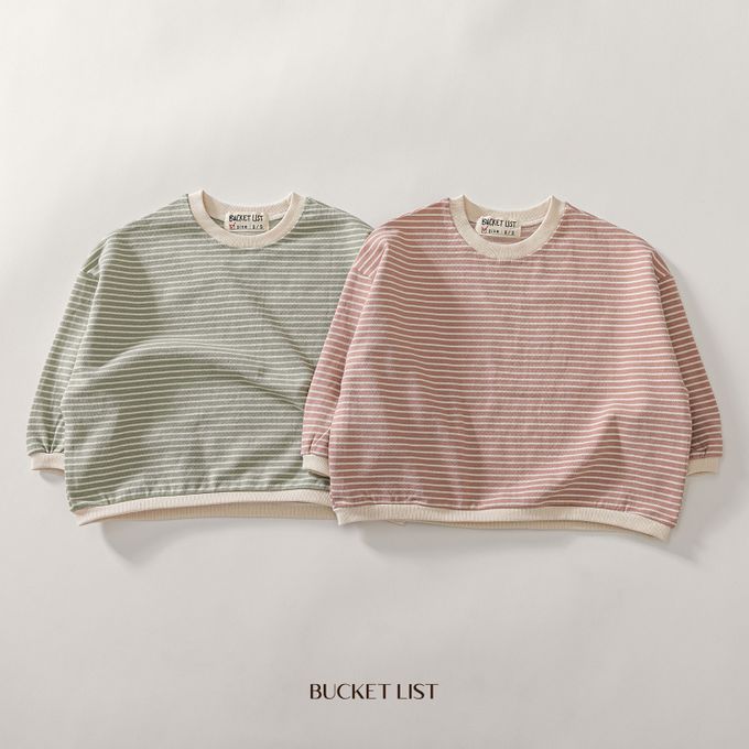 韓國 BUCKET LIST - 寬鬆橫紋大落肩長袖大學T-湖水綠