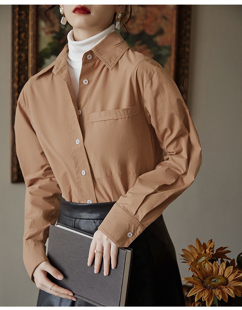 時尚寬鬆貼口袋長袖襯衫-白色