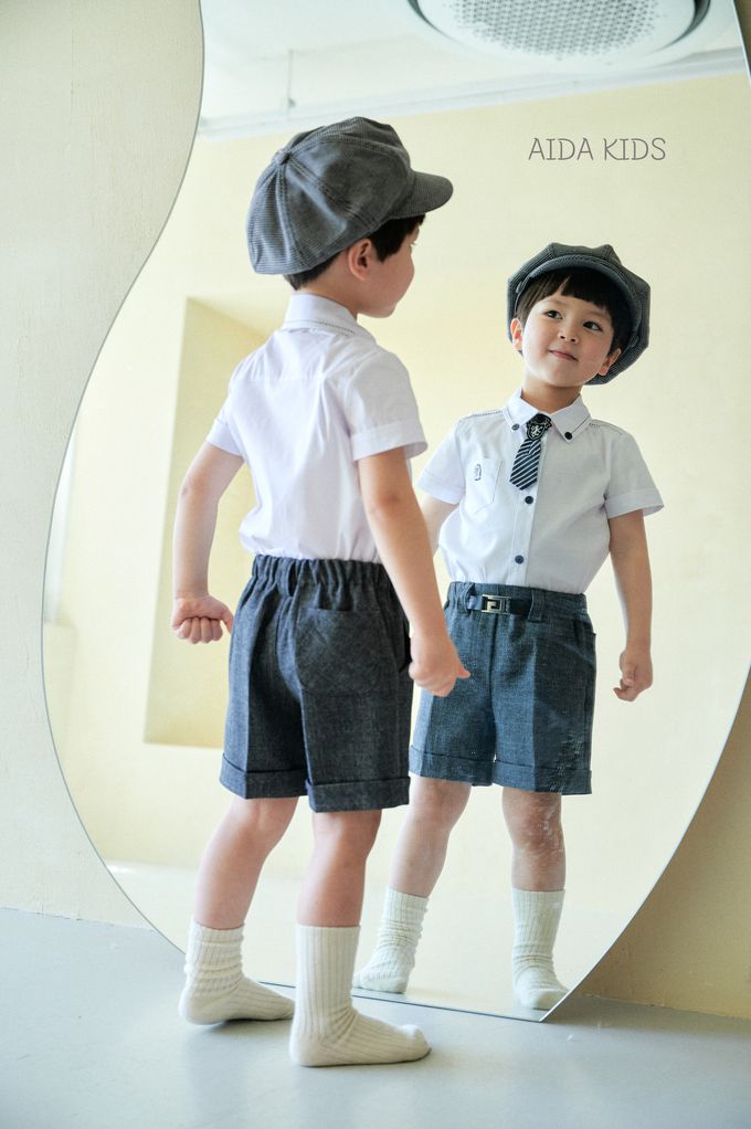 韓國 AIDA - 學院風領帶裝飾短袖襯衫-白