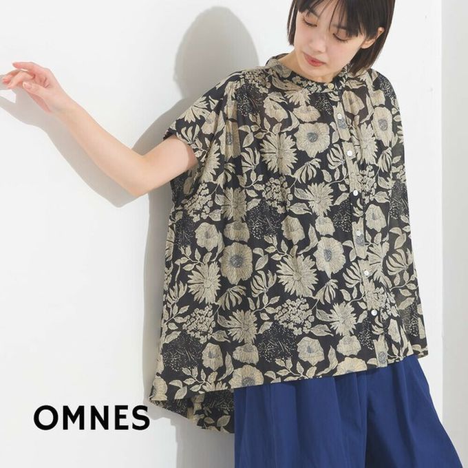 日本 OMNES - 100%印度棉 輕盈寬版襯衫式上衣-圓點-黑