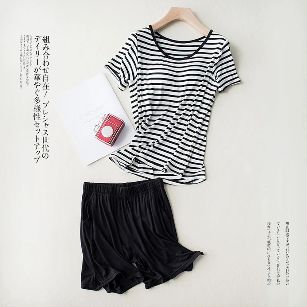 莫代爾絲柔Bra家居服套裝-短袖X短褲-黑白條紋