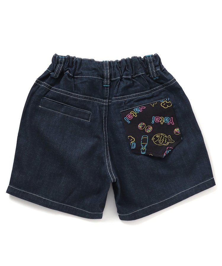 日本 BREEZE - 夏日祭典逗趣刺繡手巾牛仔短褲-幽默師匠-淺藍