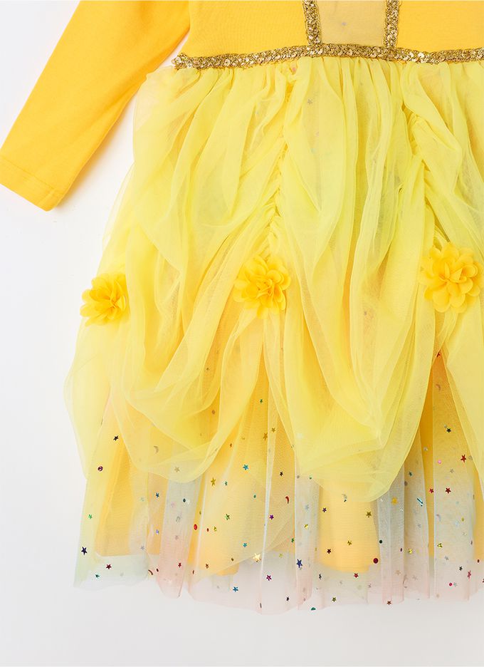 韓國 OZKIZ - (附配飾)花朵層次裝飾公主網紗洋裝-黃