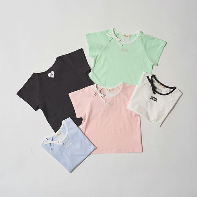 日本 Lycee mine - 柔軟緞帶領刺繡短袖上衣-灰黑