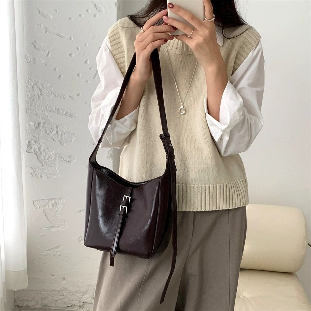 韓系小眾時尚斜背/單肩水桶方包-咖啡