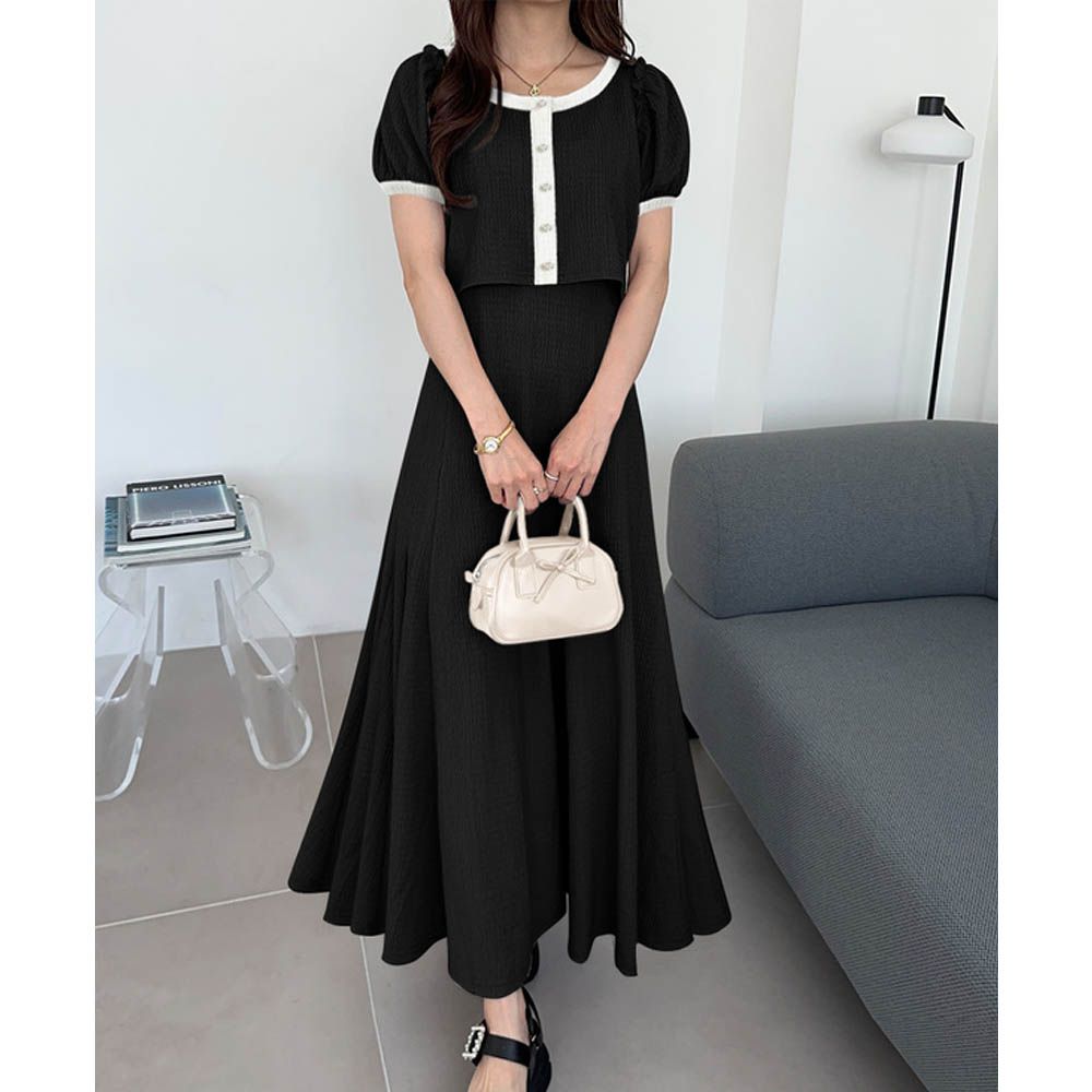 氣質滾邊配色細肩帶洋裝+開襟衫(2件組)-黑 (F)