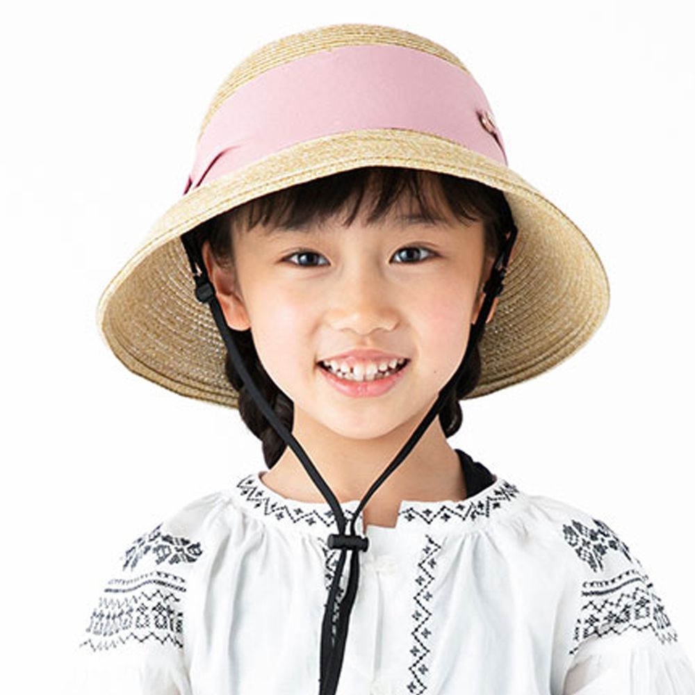 日本 irodori - 寬版緞帶雙鈕釦草帽(附防風帽帶)-兒童款-褐X粉 (54cm)