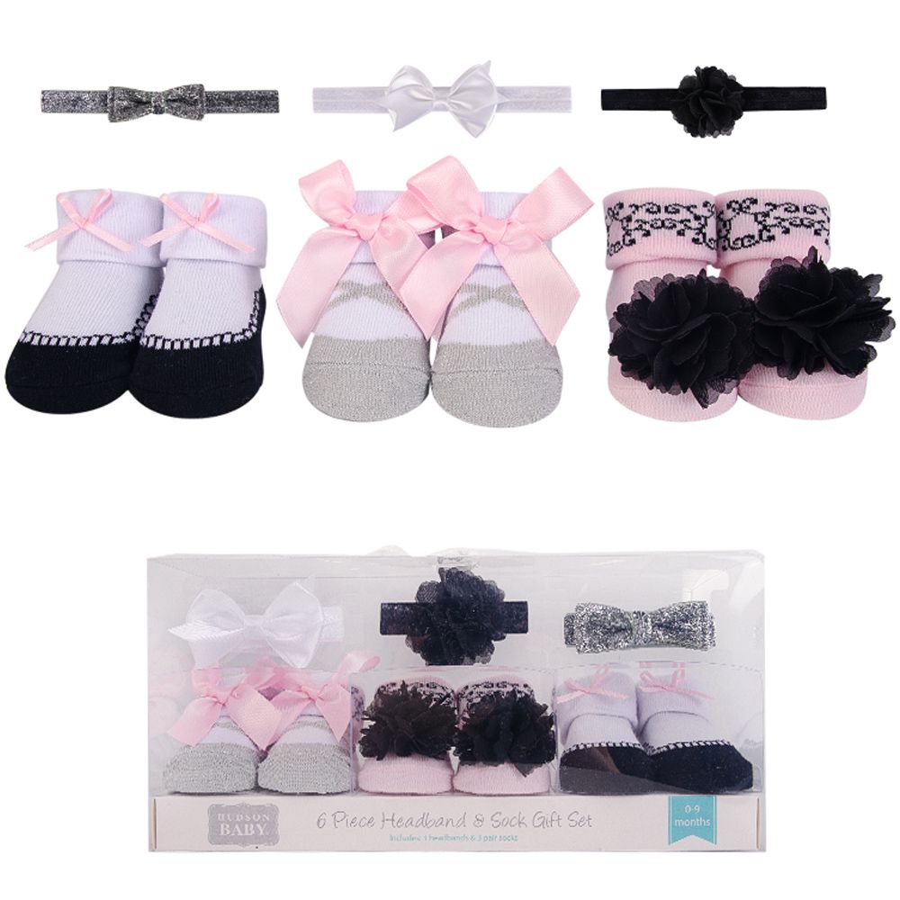 美國 luvable friends - 甜蜜寶貝3入嬰幼兒髮飾+3入嬰兒襪/寶寶襪/初生襪禮盒組-巴洛克 (0-9M)