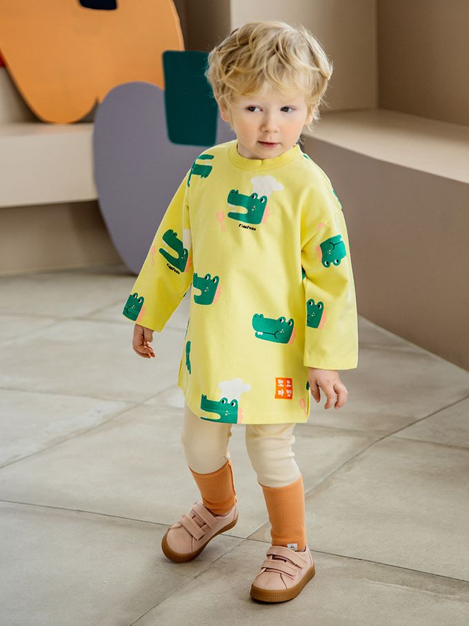 韓國 Pimpollo - 滿版鱷魚廚師長版套裝-黃X米