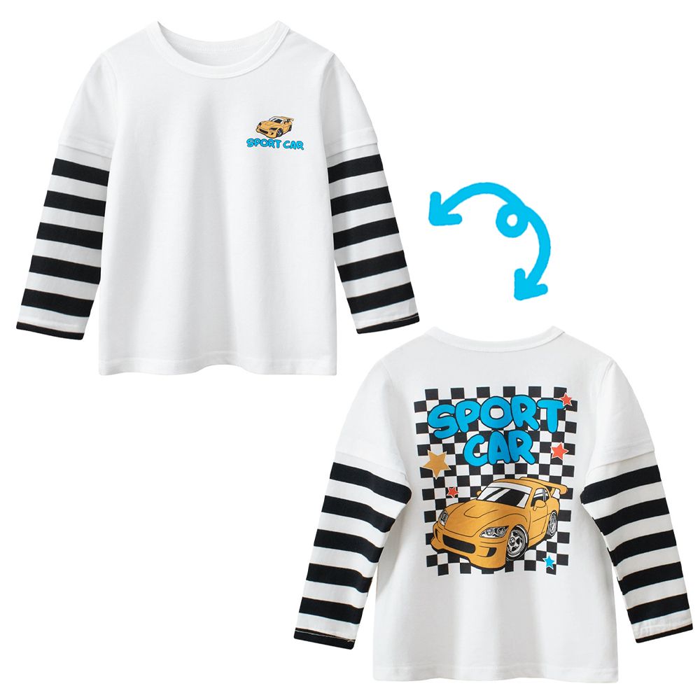 純棉假兩件長袖上衣-極速跑車-米白