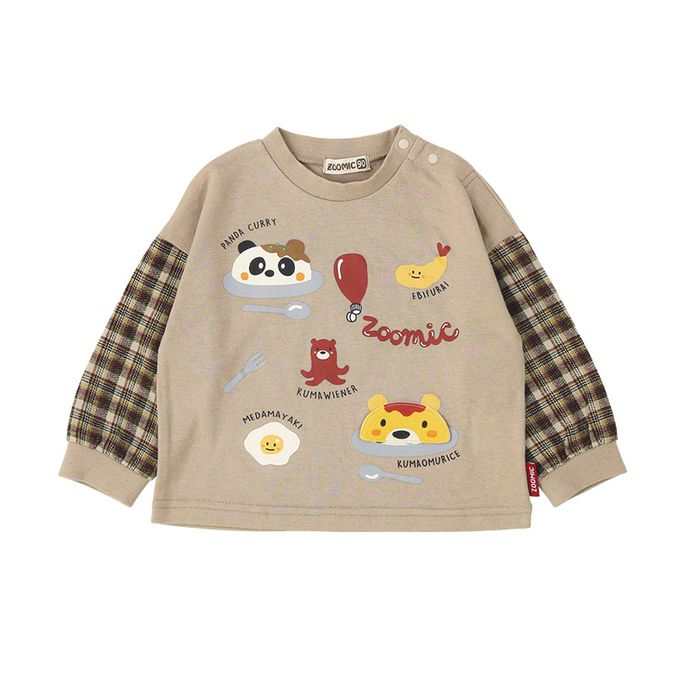 日本 ZOOLAND - 美味印花格紋拼接長袖上衣-卡其