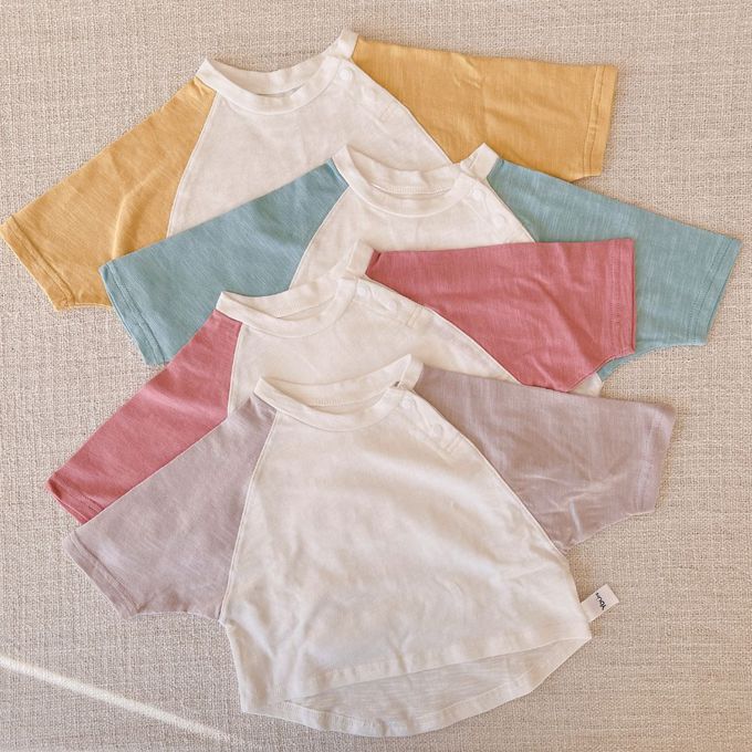 YOUrs - 竹節棉斜袖上衣2件組-芥黃色+松藍色