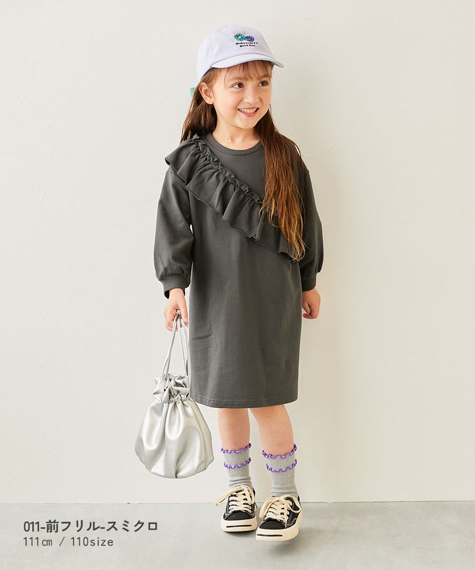 日本 devirock - 純棉甜美花邊縮口長袖洋裝-胸前荷葉-墨黑