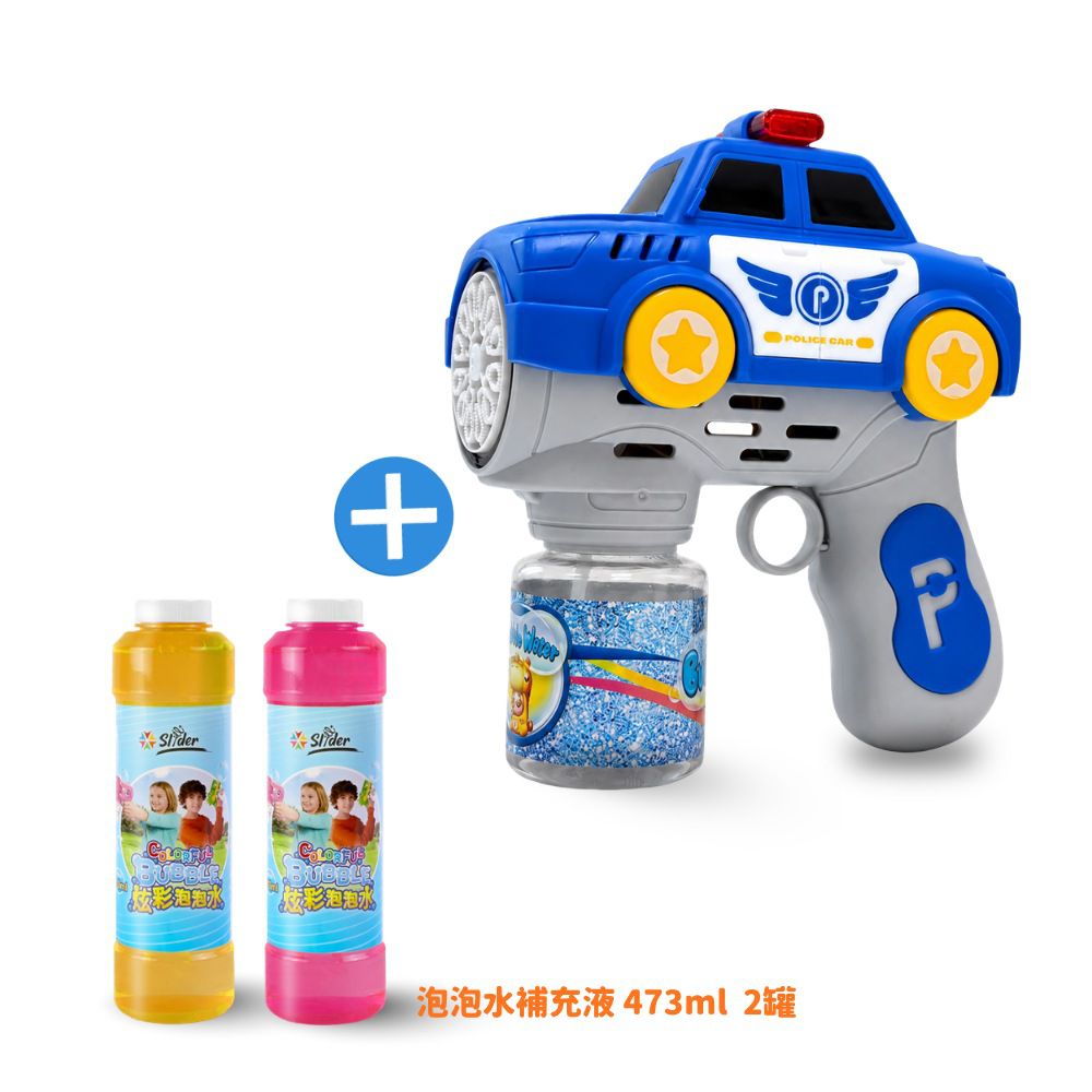 車車泡泡槍-警車+補充液473ml 2瓶 (電動多孔泡泡機 兒童 戶外露營玩具 夏日 放電神器)