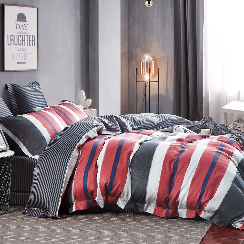 PureOne - 天絲系列．TENCEL寢具組-西舍條紋 (特大四件式床包鋪棉被套組)