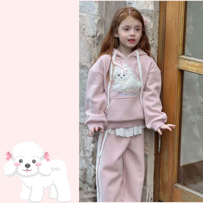 韓版捲毛小狗連帽衛衣荷葉裝飾運動褲套裝