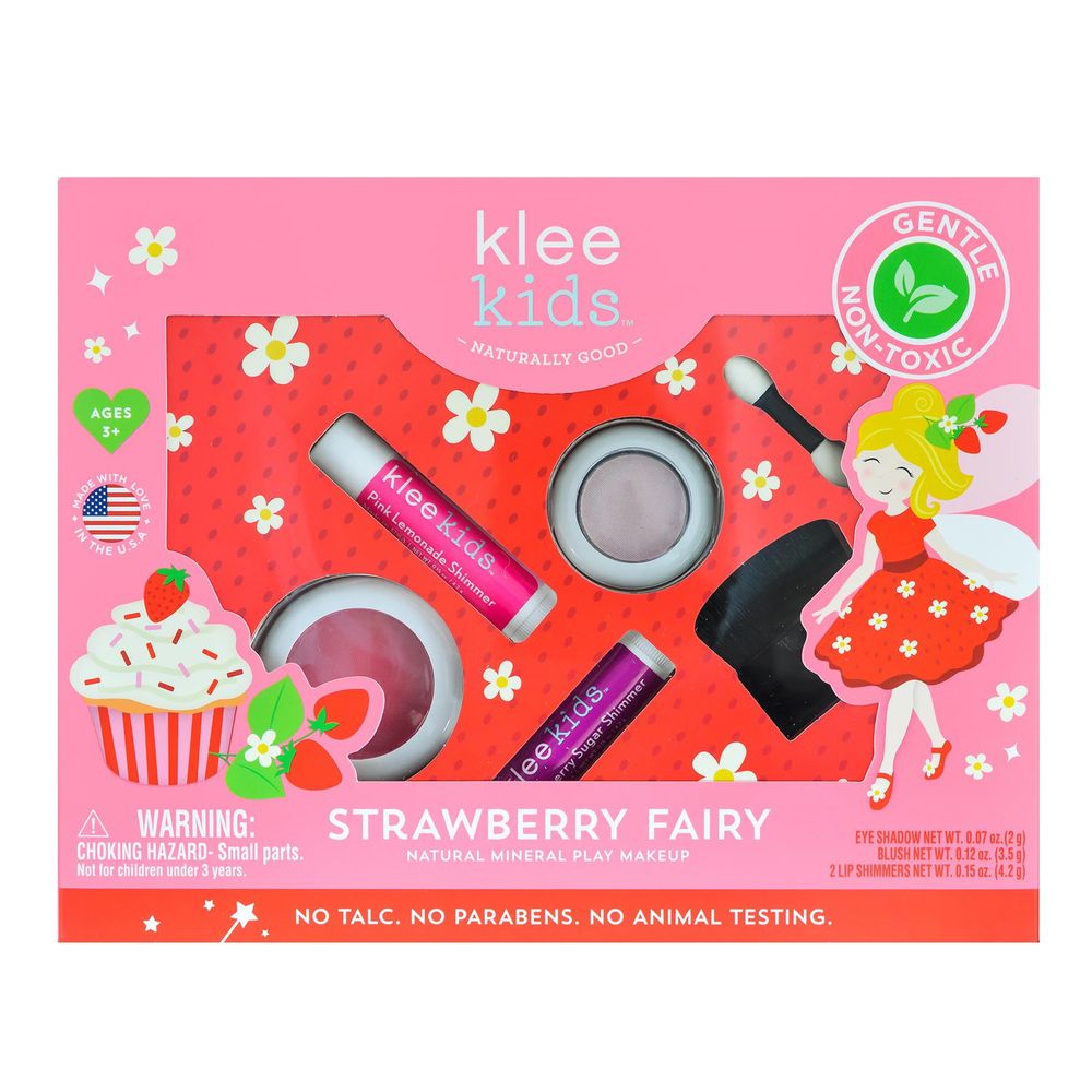 美國 Klee Kids - 草莓仙子彩妝組-芭比粉礦物眼影盒(2g)+草莓紅礦物腮紅盒(3.5g)+粉檸檬亮光潤唇膏(4.2g)+寶貝紅亮光潤唇膏(4.2g)+雙頭眼影棒+腮紅刷(共6件)
