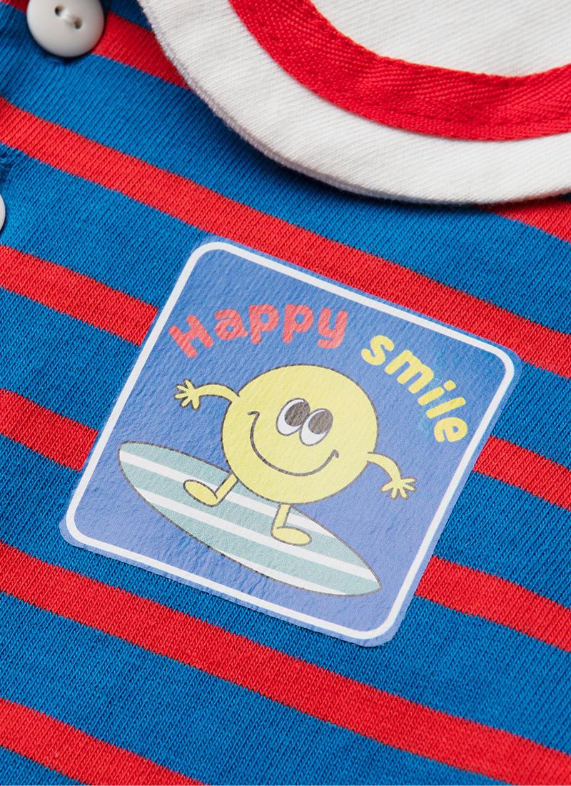 韓國 OZKIZ - 笑臉條紋水手翻領短袖上衣-藍X紅
