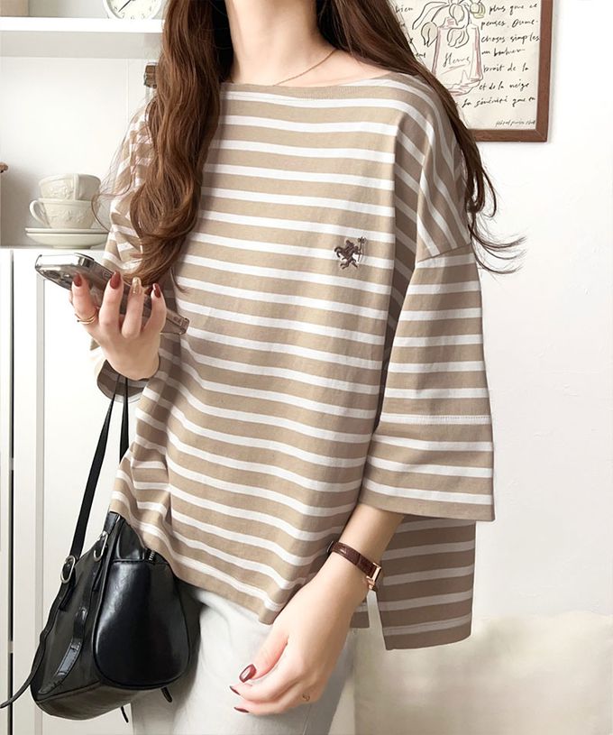 日本 Classical Elf - 混有機棉休閒條紋五分袖上衣-海軍藍x白線