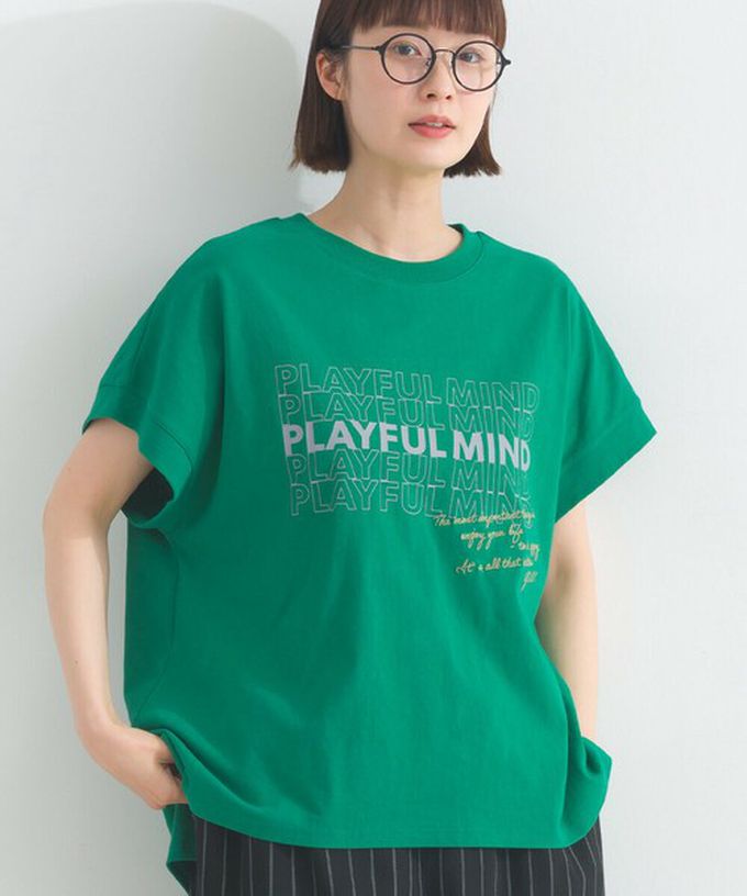 日本 Lupilien - 16OE天竺棉 法式英文標語短袖上衣-淺卡其