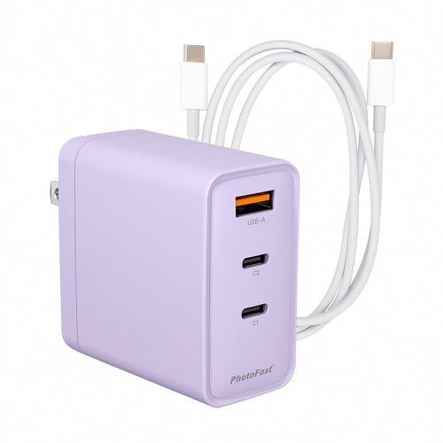 A1 Charge 65W GaN 氮化鎵三孔充電器 + 雙USB-C充電線-紫色充電組