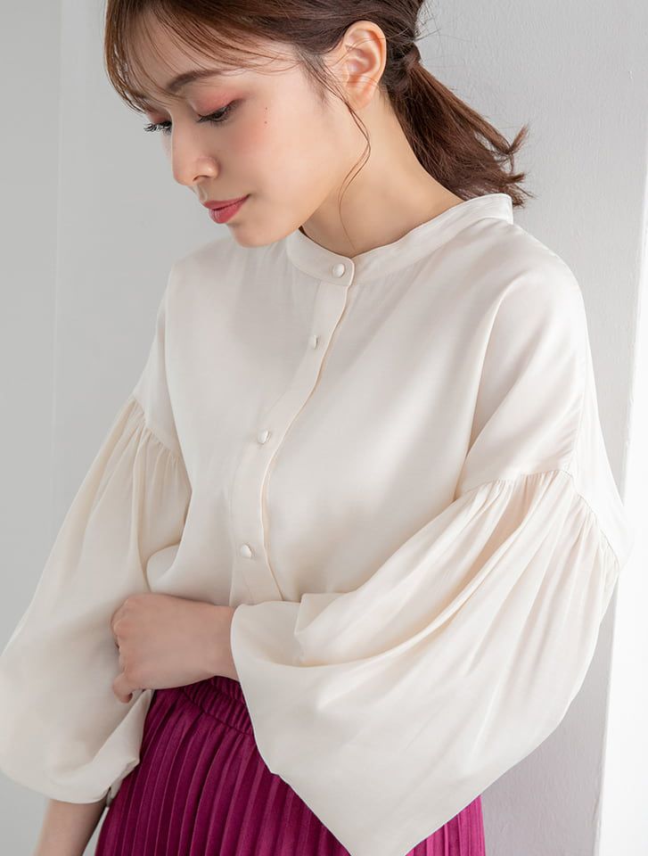 日本 fifth - 微光澤圓領七分澎袖襯衫-灰藍