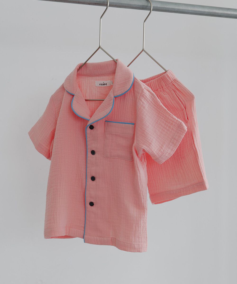 日本 riziere - 二重紗繽紛撞色滾邊家居服/睡衣-粉x藍