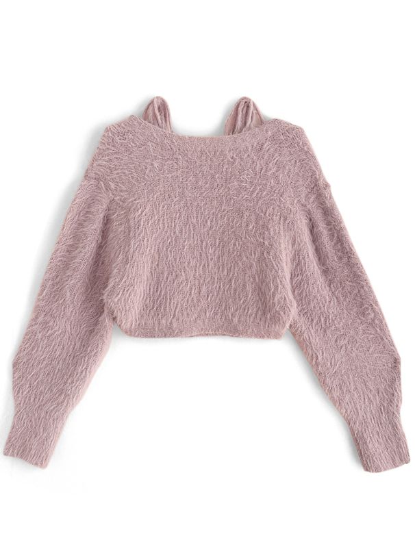 日本 GRL - 時尚毛絨綁帶背心x針織小外套兩件組-時尚黑 (F)