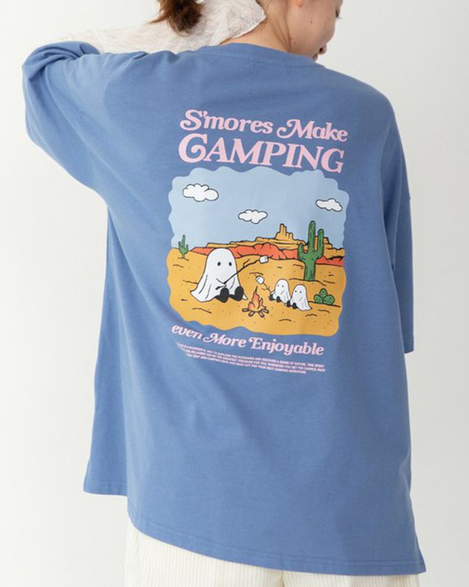 日本 gleam - 俏皮露營幽靈印花寬大風短袖T恤-奶油杏