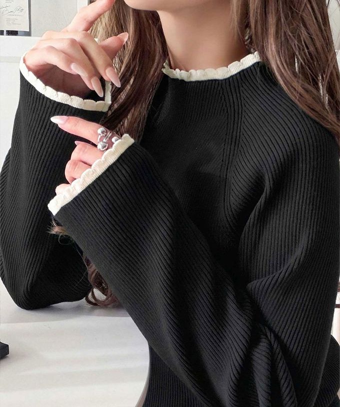 日本 Classical Elf - 羅紋針織典雅滾邊長袖上衣-摩卡