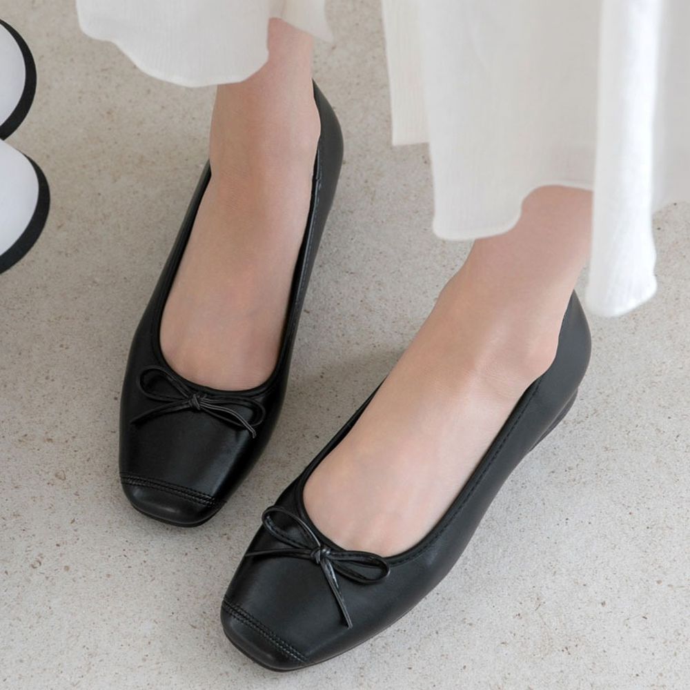 可愛蝴蝶結方頭矮跟鞋(3cm)-黑