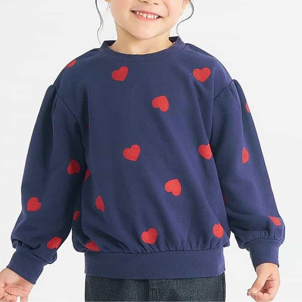 女孩印花落肩縮口長袖上衣-愛心-海軍藍