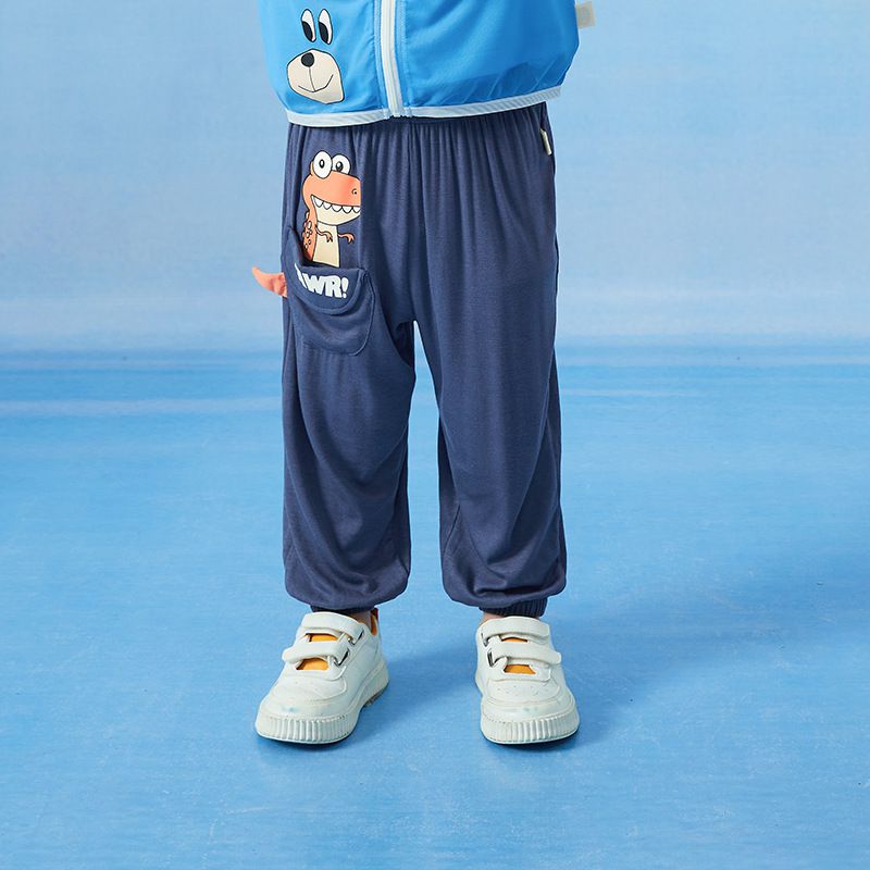 立體卡通圖束口長褲/防蚊褲-大眼睛恐龍-淺藍色