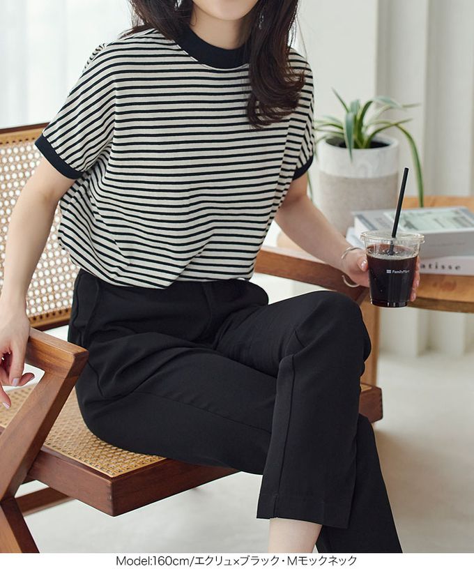 日本 Kobe Lettuce - 100%棉 修身法式袖上衣-(可選領)-黑領細條紋