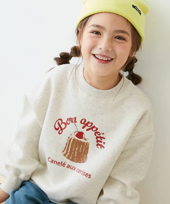 日本 devirock - 裏起毛女孩印花大學T-泡芙-薄荷綠