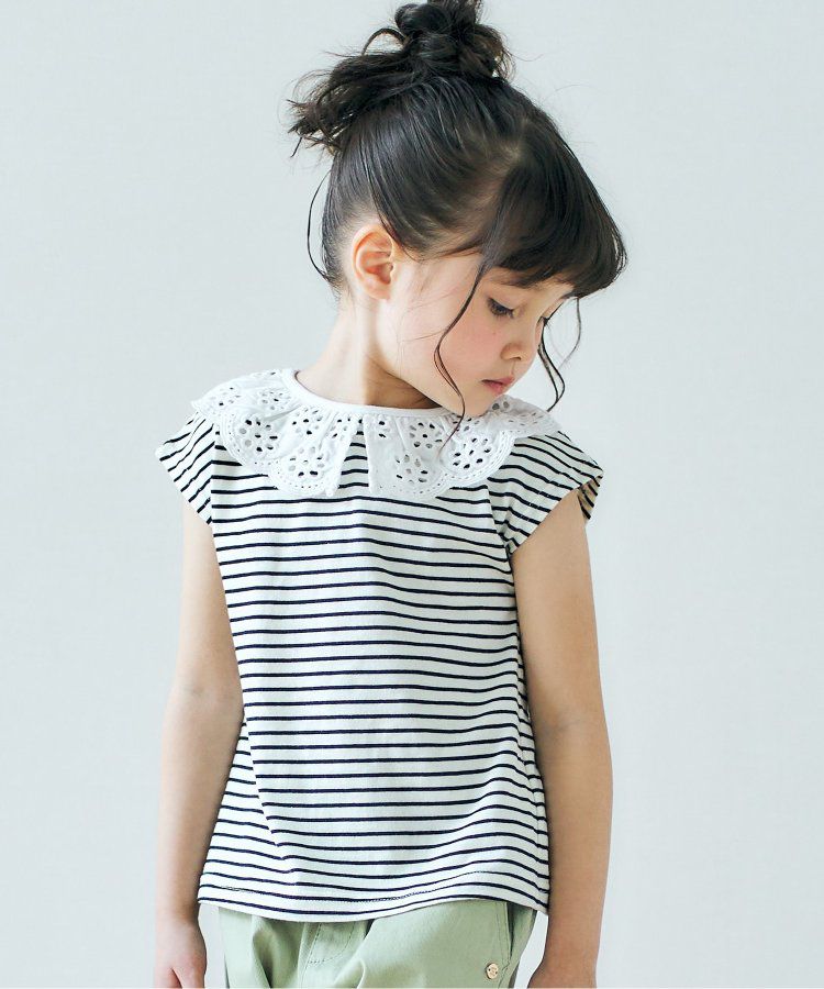 日本 apres les cours - 雕花蕾絲領短袖上衣-深藍