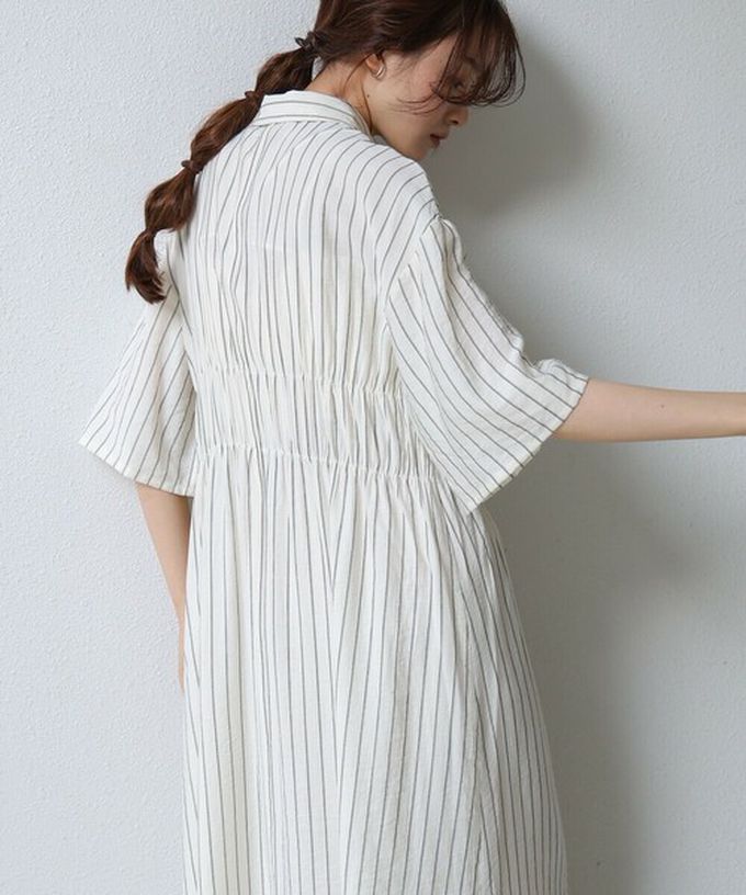 日本 Bab - 時尚抓皺襯衫式五分袖洋裝-條紋-藍