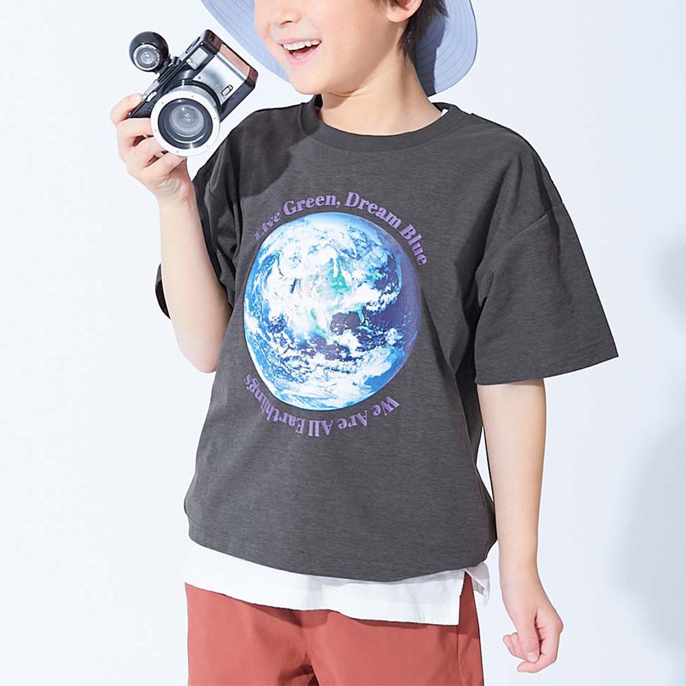 吸汗速乾涼感 帥氣印花短袖上衣-地球-炭灰