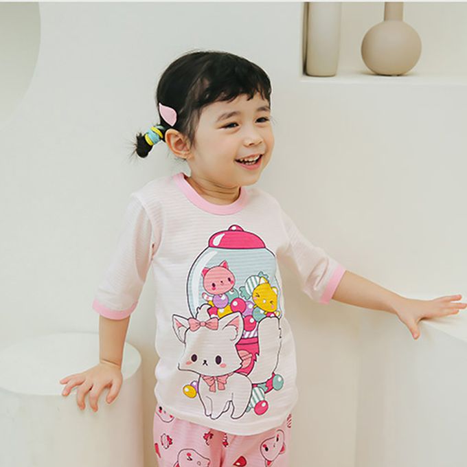 正韓 Puco - 超優質嬰幼兒/兒童七分袖100% 有機純棉家居服/睡衣-泡泡糖貓