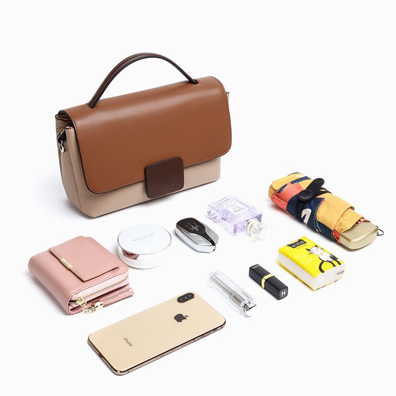 真皮拼色單肩手提包-灰色 (24x15.5x8.5cm)