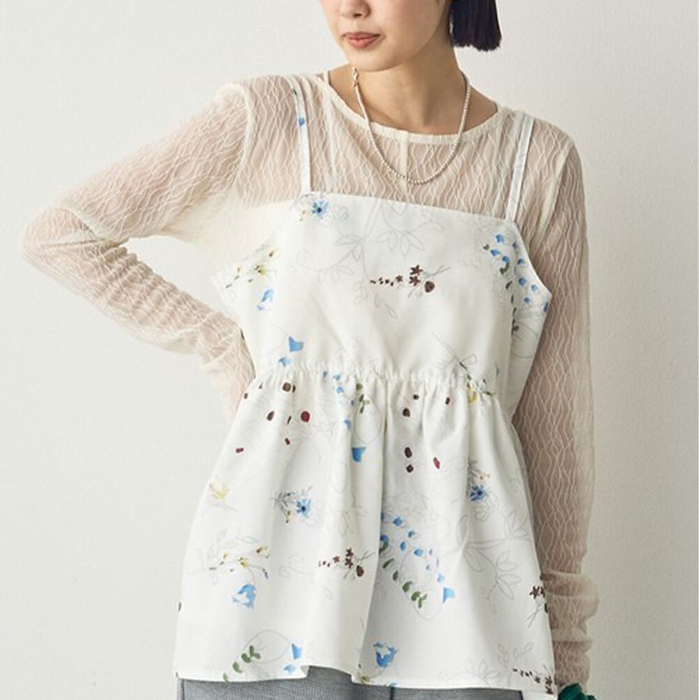 優美花卉縮腰疊穿吊帶背心-白