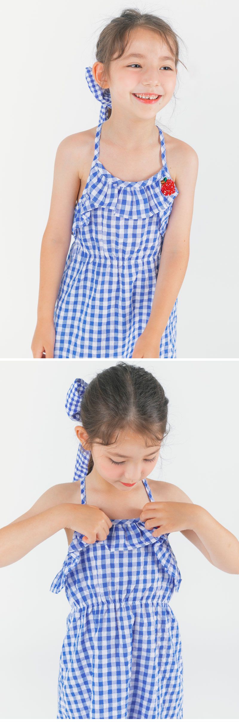 韓國 OZKIZ - 皺褶感格子細肩帶洋裝-藍