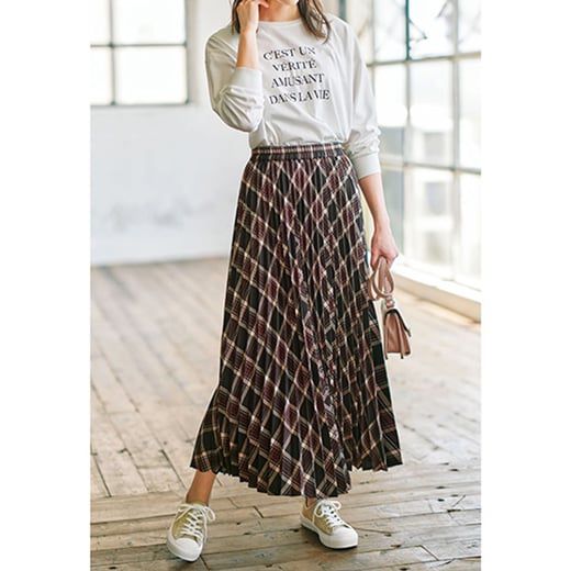 日本 BELLUNA - 學院氣質格紋百褶裙-卡其色系