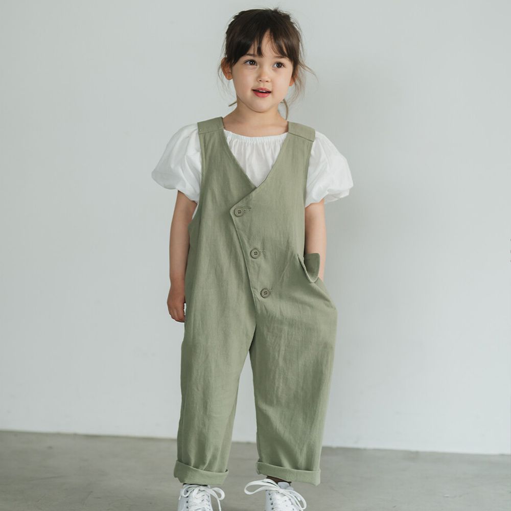 日本 riziere - 純棉不對稱排釦吊帶褲-橄欖綠