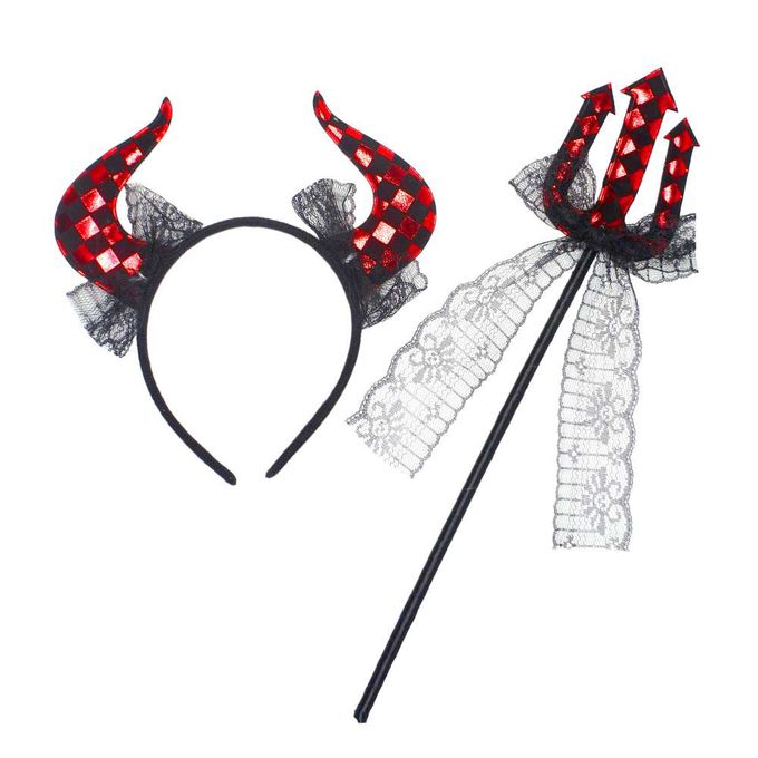MODACore 摩達客 - 摩達客★萬聖派對變裝扮★蕾絲菱格牛角造型配件二件組(髮箍/仙女棒) ★Cosplay