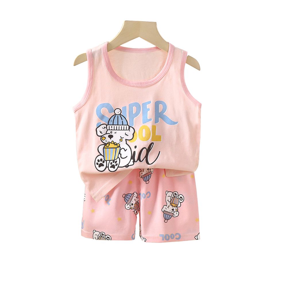 兒童純棉背心+短褲套裝 寶寶無袖上衣 寶寶短褲-爆米花小狗