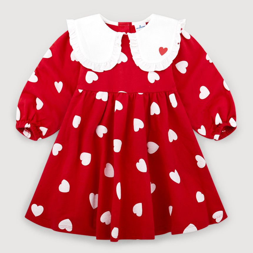 韓國 Jelispoon - 荷葉白領滿版愛心縮腰洋裝-紅