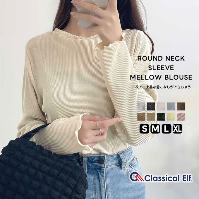 日本 Classical Elf - 圓領細坑條光澤感薄長袖上衣-黑