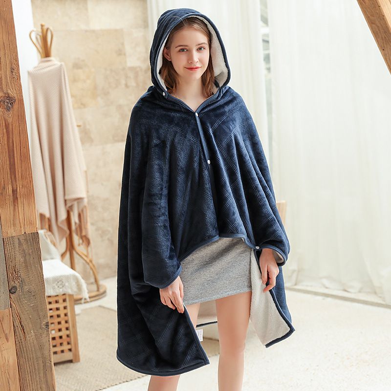 保暖珊瑚絨披肩懶人毯-一般款-林深時見鹿 (1.5mx1.3m（帽子可拆）)