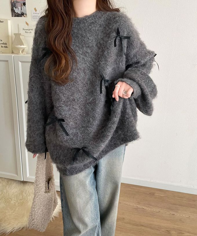 日本 Classical Elf - 甜美滿點 毛海蝴蝶結浪漫毛衣-淺灰